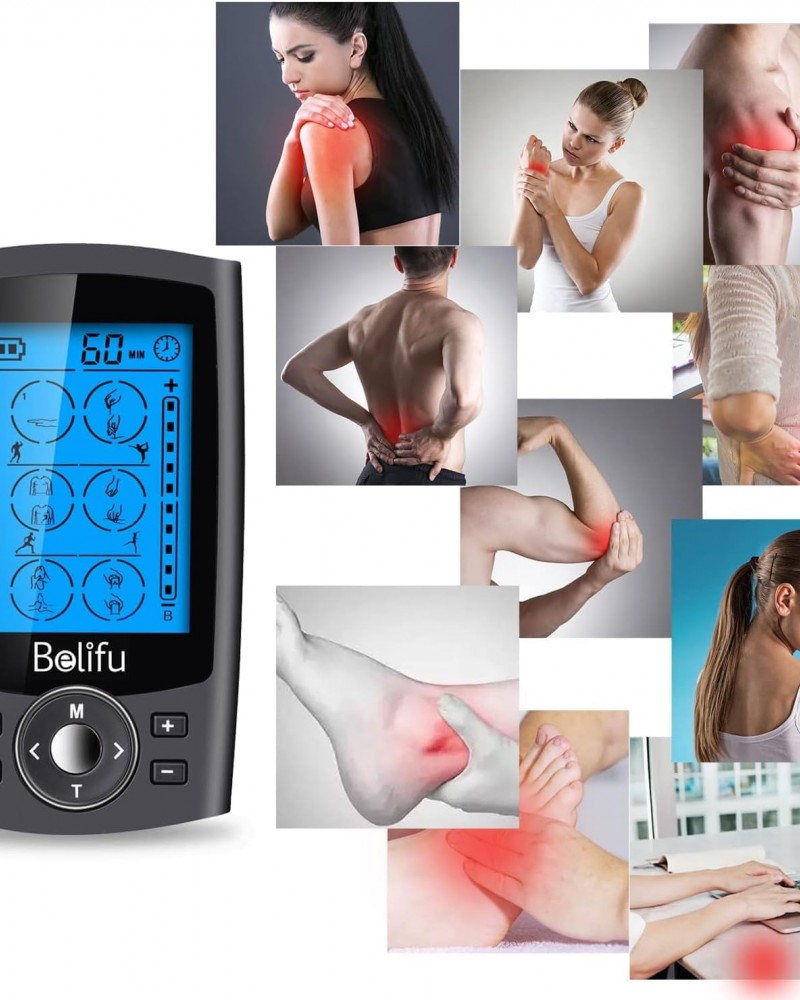 Belifu Dual Channel TENS EMS Unit with 12 Pads, 24 Modes Muscle Stimulator, Electronic Pulse Massager Muscle Massager for Pain Relief Therapy, Fastening Cable Ties, Dust-Proof Drawstring Storage Bag